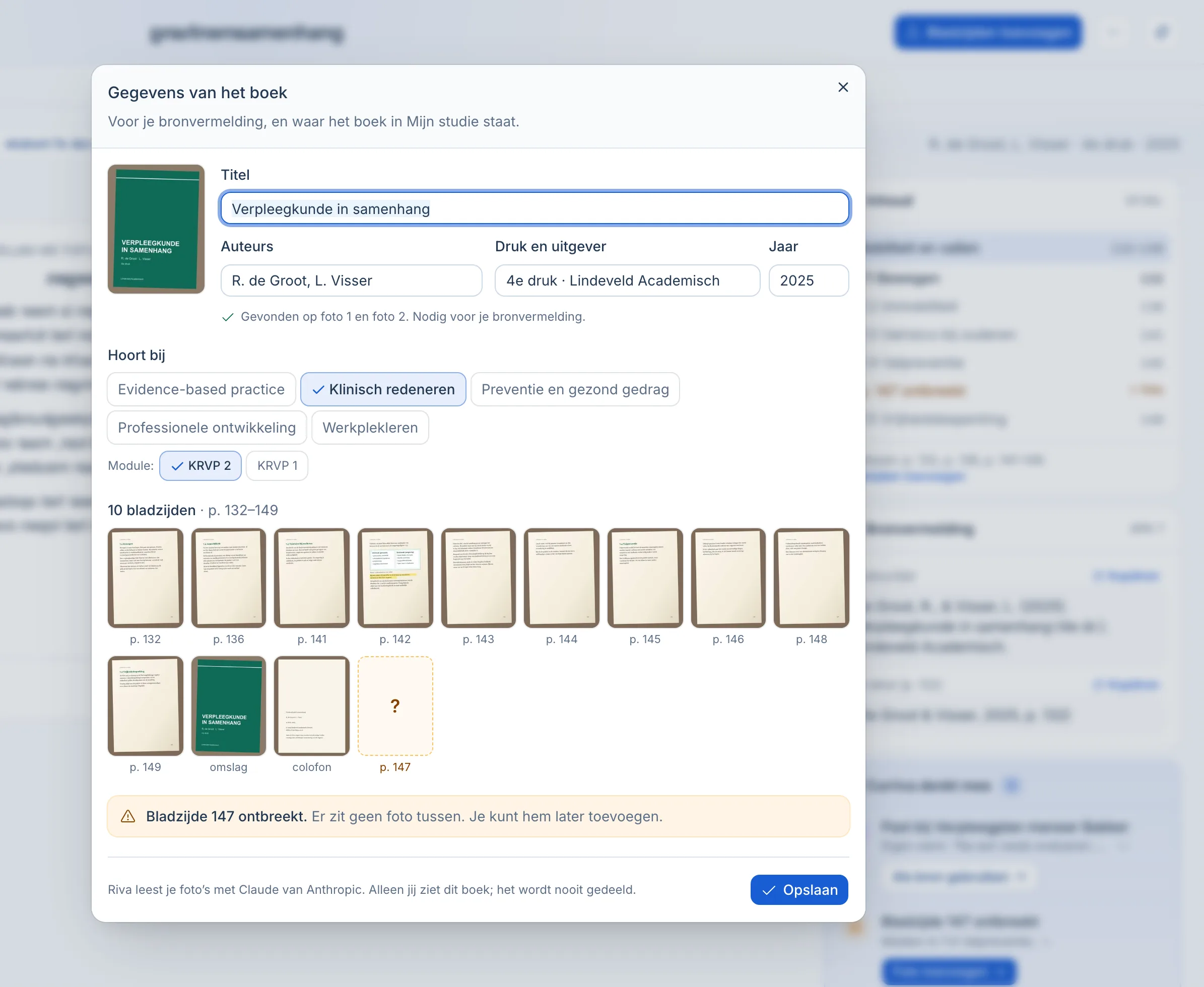 Het venster Gegevens van het boek: titel, auteurs, druk en jaar van Verpleegkunde in samenhang, het vak Klinisch redeneren en module KRVP 2, tien bladzijden op volgorde en de melding dat bladzijde 147 ontbreekt.