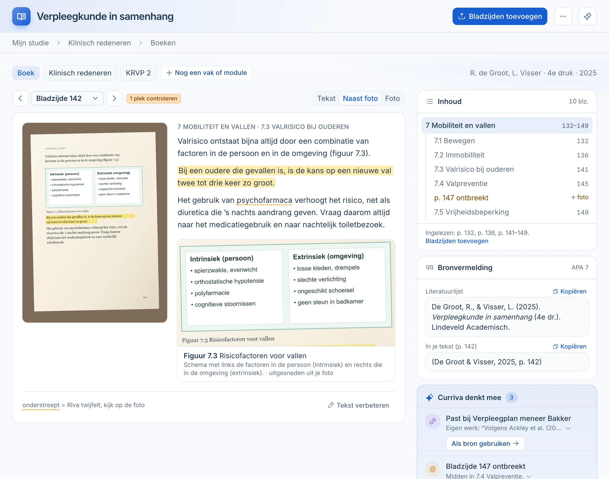 Bladzijde 142 van Verpleegkunde in samenhang: links de foto, rechts de gelezen tekst met een markering, een onderstreept woord en figuur 7.3. In de zijkolom de inhoud, de bronvermelding in APA en suggesties.