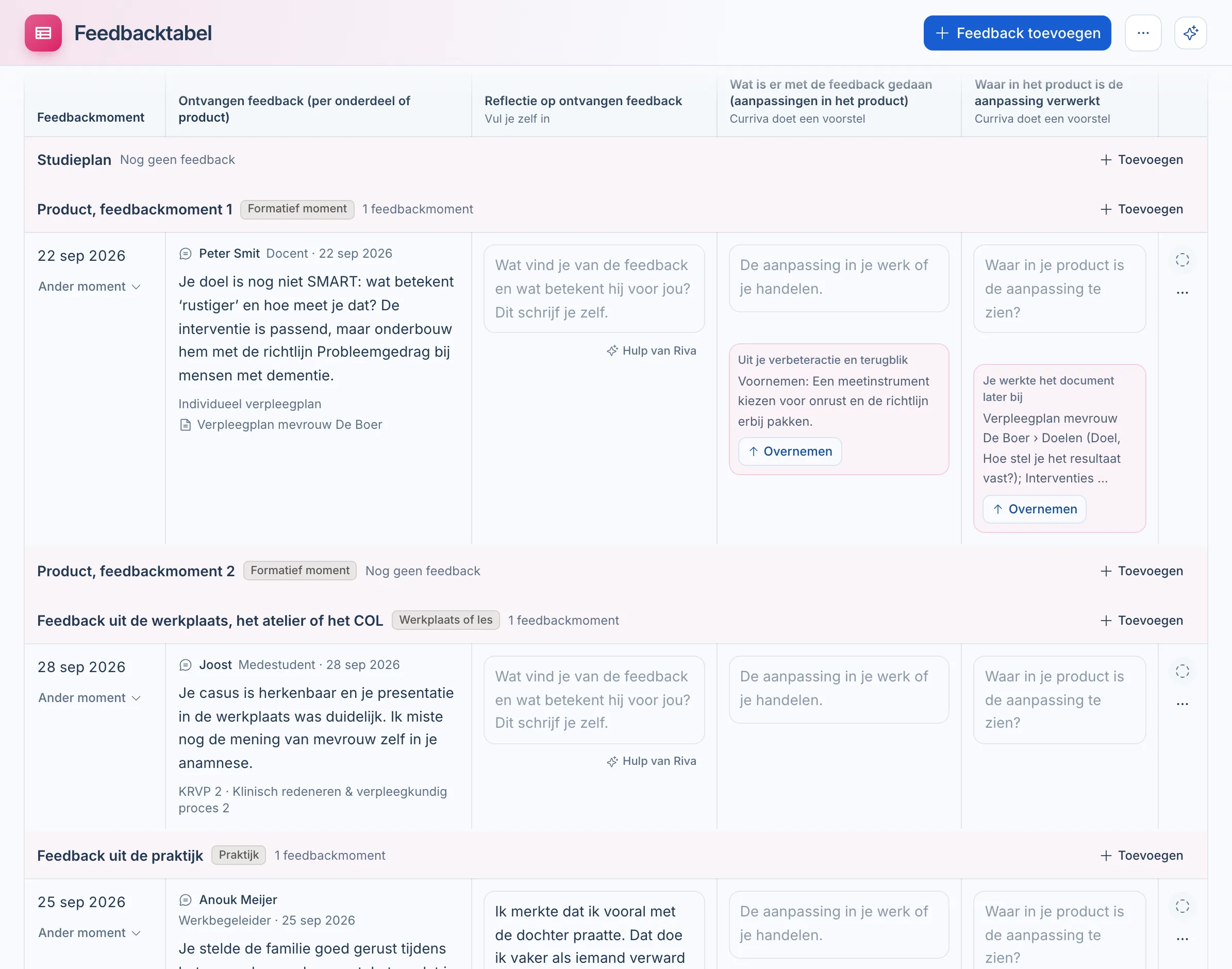 De feedbacktabel van KRVP 2 in Curriva: per feedbackmoment de ontvangen feedback, een reflectie en voorstellen voor wat er met de feedback gedaan is en waar het in het verpleegplan staat.